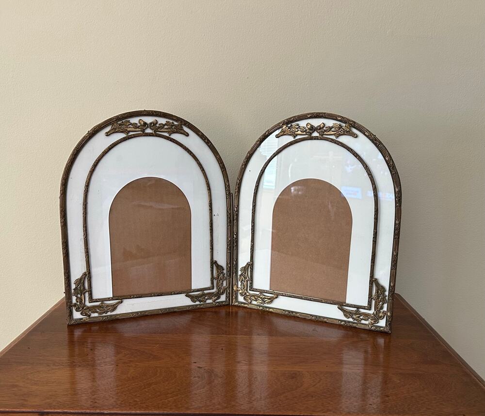 Vintage Ornate Brass Hinged Pair of Cathedral Arch Folding Picture Frames